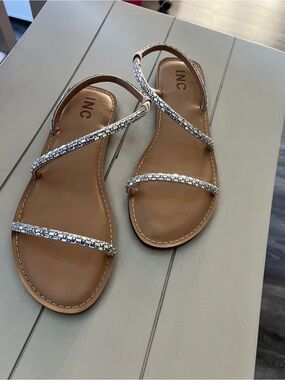 INC International Concepts Tan Sandals with Silver Crystal Straps